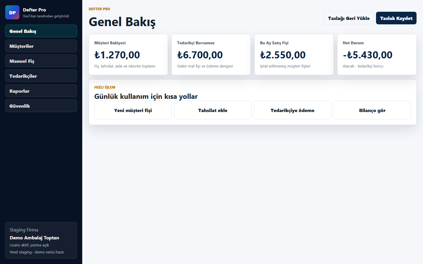 Defter Pro genel bakış ekranı