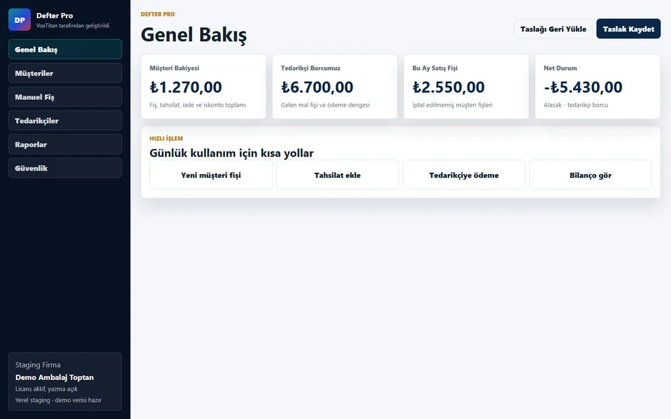 Defter Pro genel bakış ekranında müşteri bakiyesi, tedarikçi borcu, satış fişi ve net durum özeti